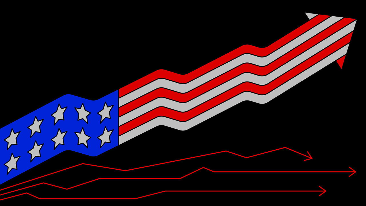 Illustration of line chart arrows, the top one is made up of the US flag pointing upwards