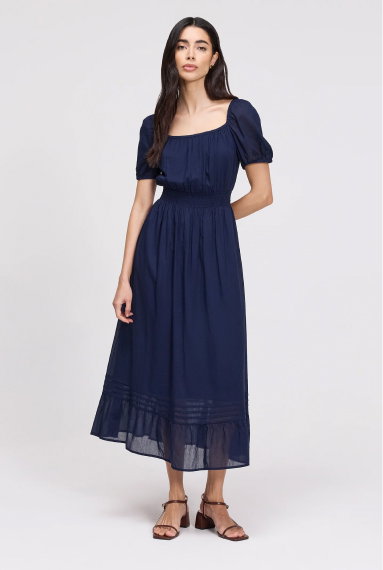 Mandy Navy Cotton Puff Sleeves Square Neck Midi Dress