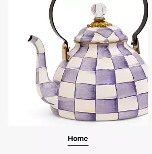 A checkered teapot. Shop home.