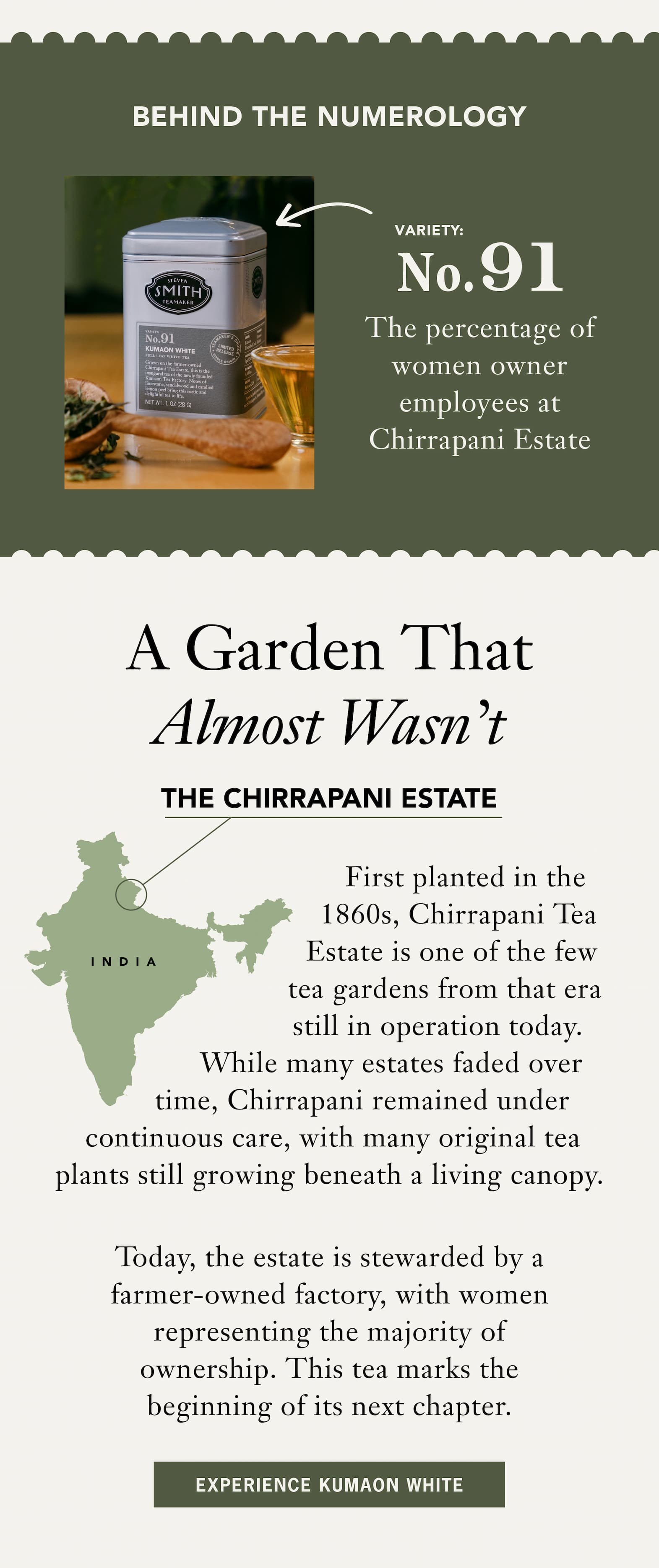 Banner Headline: Behind the Numerology   Banner Copy: No. 91: The percentage of women owner employees at Chirrapani Estate   ￼   Headline: A Garden That Almost Wasn’t   Subhead: The Story of the Chirrapani Estate   Body: First planted in the 1860s, Chirrapani Tea Estate is one of the few tea gardens in India of that era to endure. For decades, it remained under continuous care when others were left behind, and many of its original plants still grow beneath a living canopy today. ￼   Now, that legacy is shifting forward. The Kumaon Tea Factory on the estate is owned by local farmers and built to support sustainable livelihoods, with women making up the vast majority of ownership. This tea marks the beginning of that next chapter. ￼   Button: Experience Kumaon White Tea 