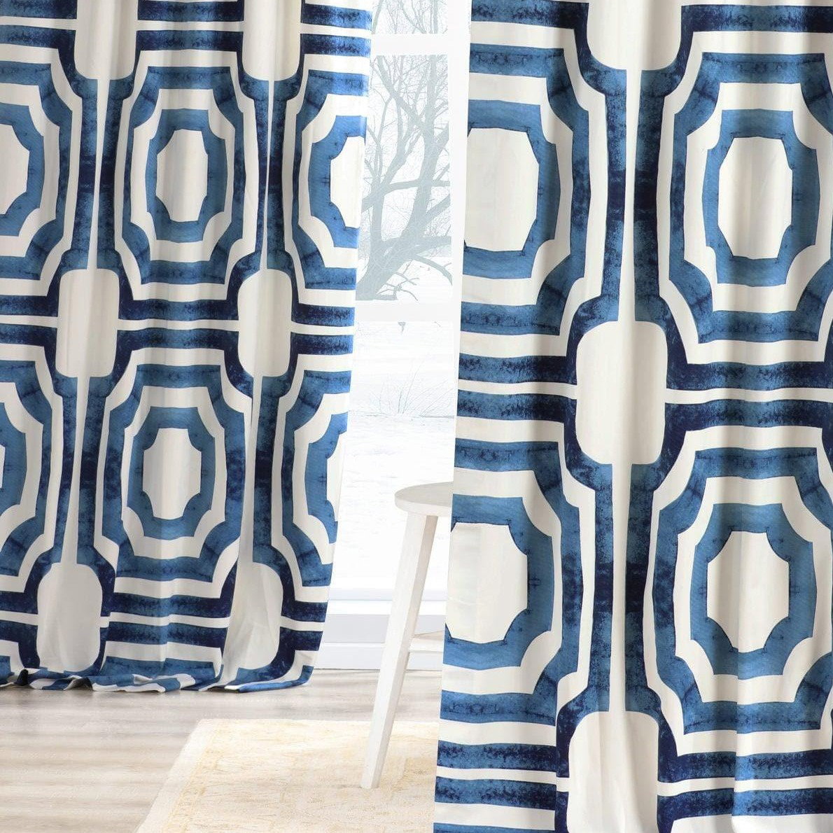 Mecca Blue Geometric Printed Cotton Room Darkening Curtain