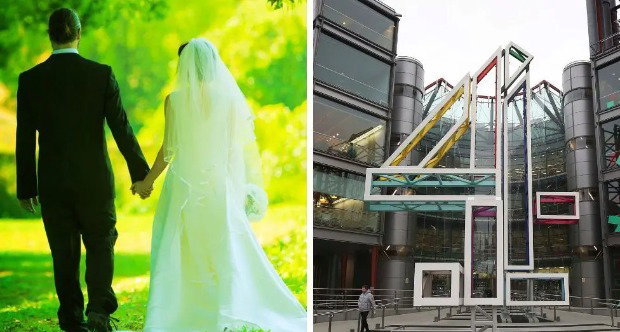 A composite image of a couple holding hands at a wedding, and a large 4 outside the offices of Channel 4.