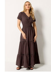 Brown Lace Trim Cotton Tiered Maxi Dress