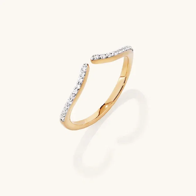 Pave Cubic Zirconia Open Wave Ring in 18kt Gold Plated Sterling Silver