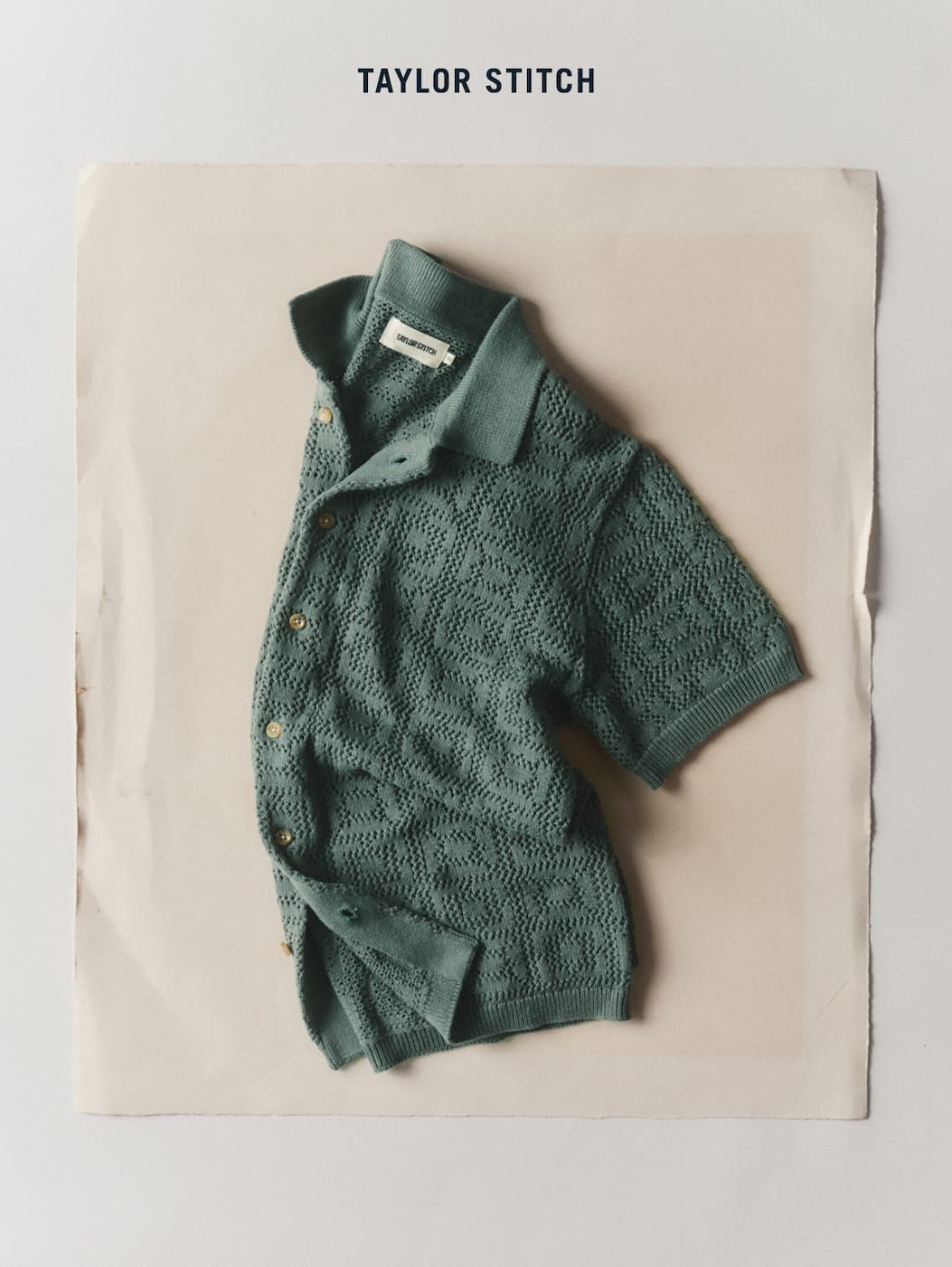 Taylor Stitch. The Monterey Sweater Polo in Deep Sea Geo Crochet.