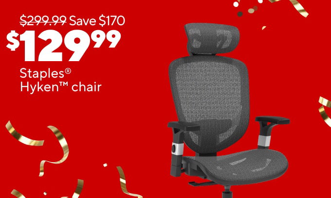 40% back in points on all printers and printer paper in the same transaction
$129.99 Staples Hyken chair
$199.99 FlexiSpot electric standing desk and FlexiSpot chair bundle
50% off select Staples shipping boxes when you buy 5 or more