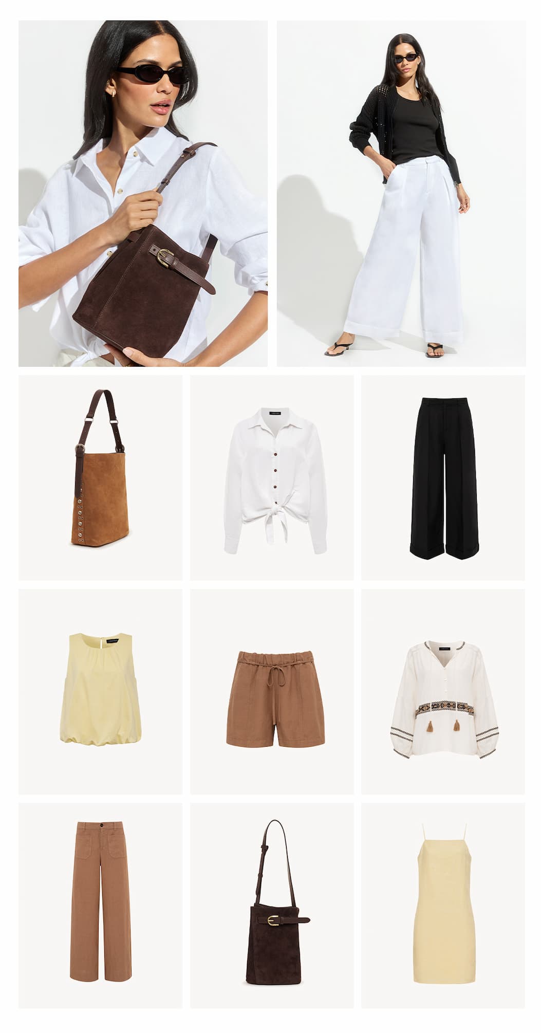 grid of linen styles and complementary looks including suede and leather bags, linen tie shirt, terrace wide leg linen pants