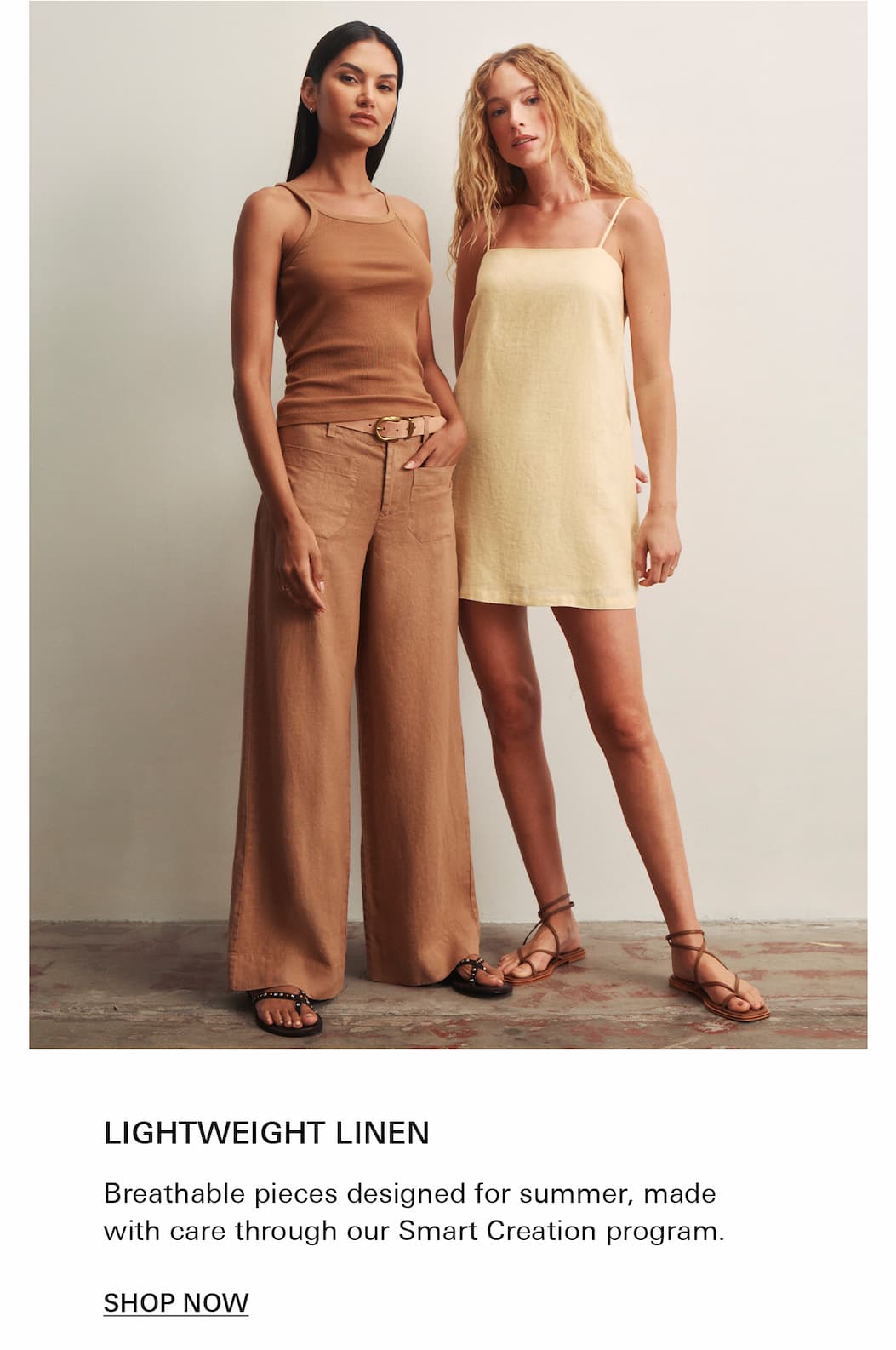 two women wearing linen including marine linen pant in toasted coconut and tie linen dress in banana