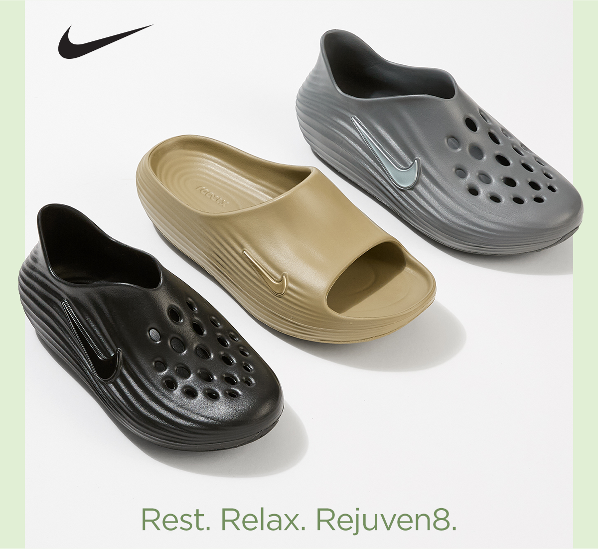Nike | Rest. Relax. Rejuven8. |  Display Image of Assorted Nike Sandal Styles