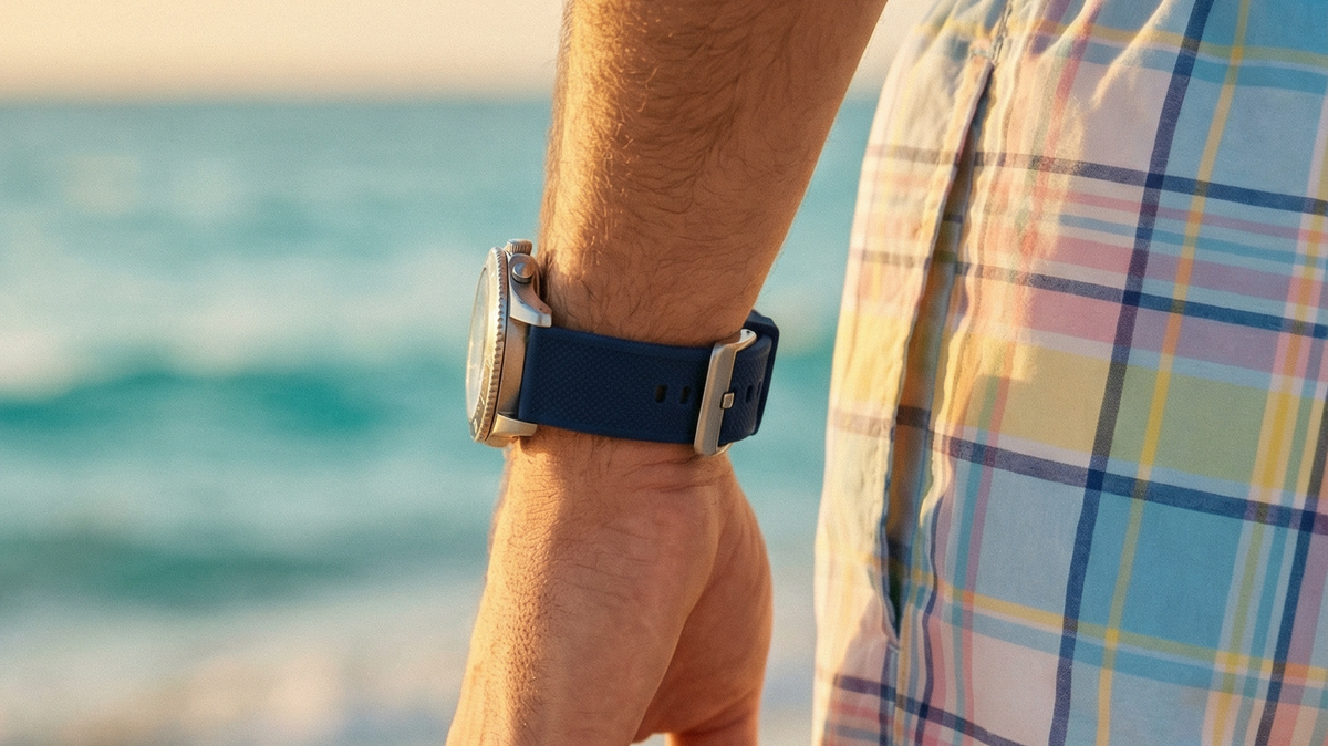 Navy Elite Silicone Band on diver watch at the beach