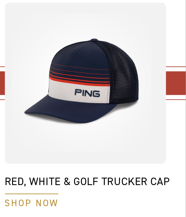 Red, White and Golf Trucker cap. click to shop now.