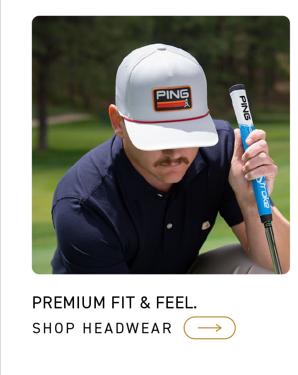 Man wearing PING Racer cap preparing to putt. click to shop now.