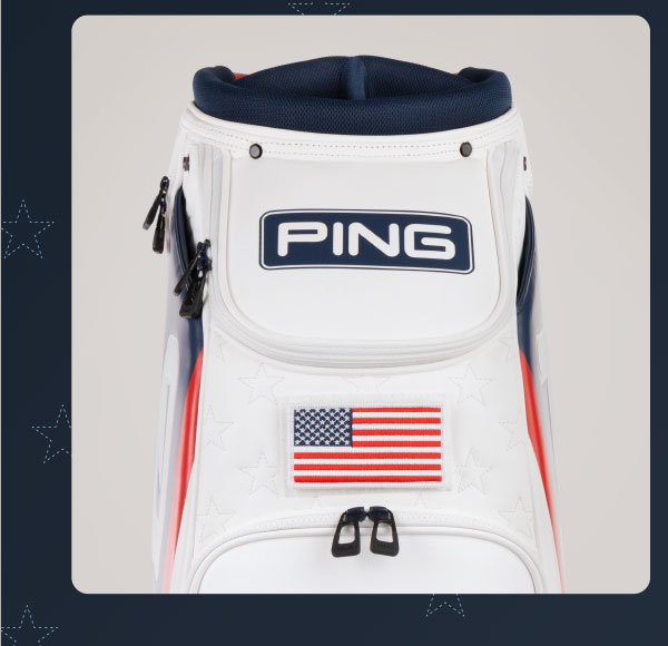 Front view of Red White and Golf Tour Staff bag. click to shop now.