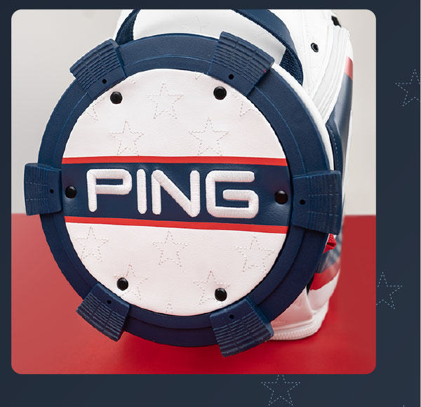 View of Red White and Golf Tour Staff bag bottom. click to shop now.