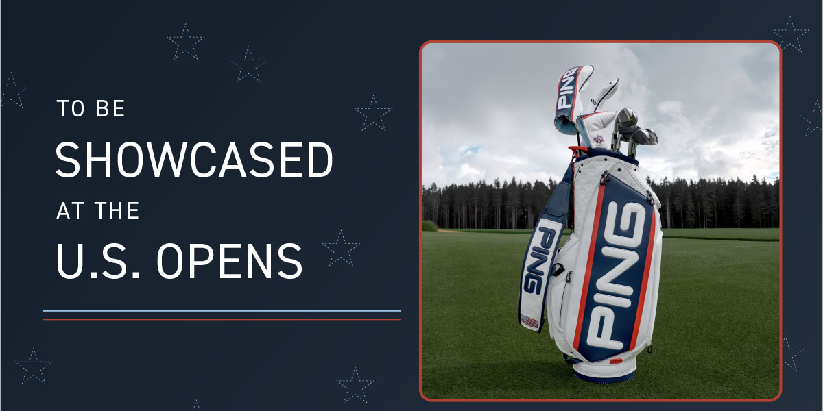 Red White and Golf Tour Staff bag with clubs. showcased at the U.S. Open. click to shop now.