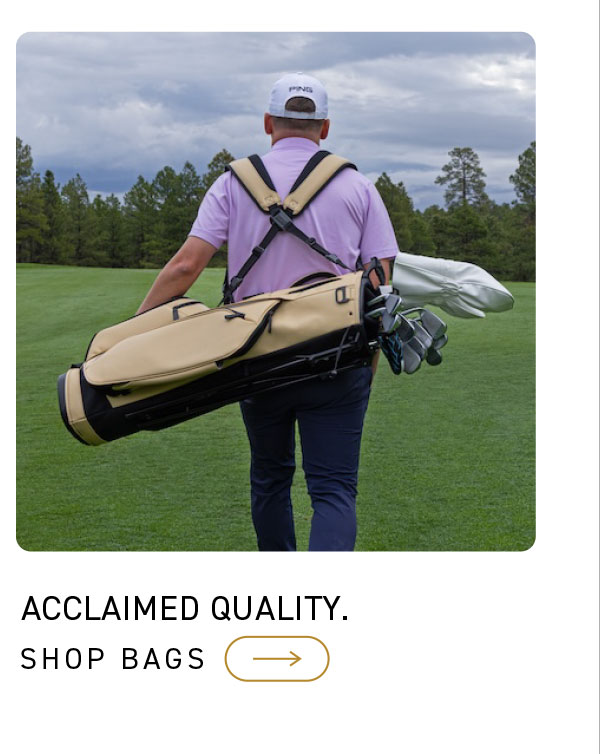 Man walking on golf course carrying PING Reserve bag. click to shop now.