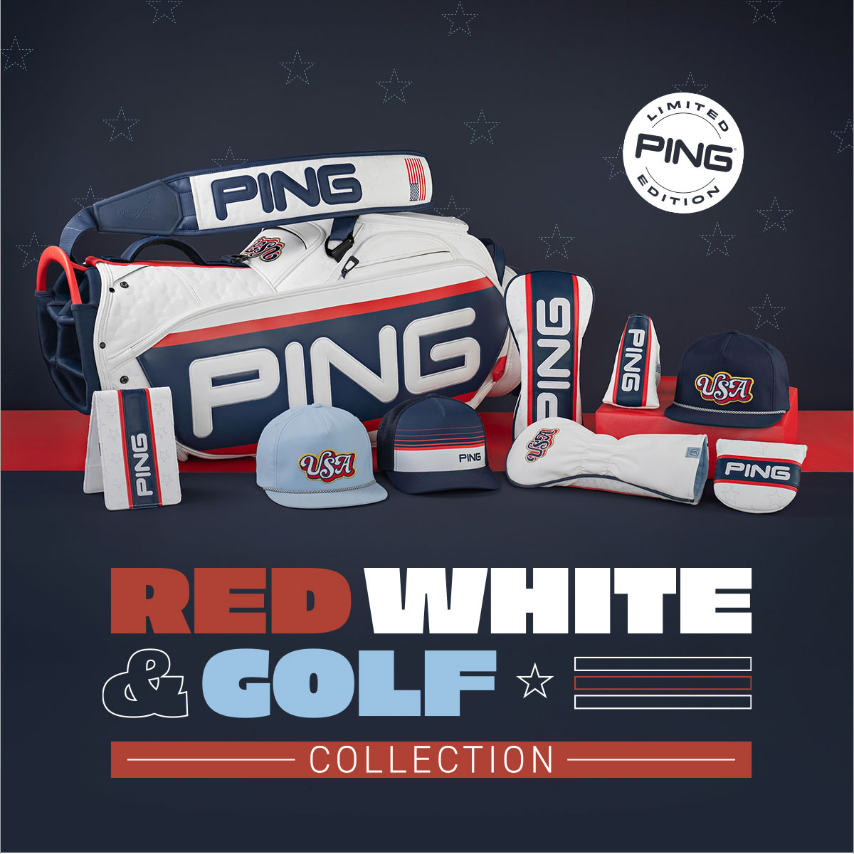 Red White and Golf collection, including Tour Staff bag, headcovers, headwear and yardage book cover. click to shop now.