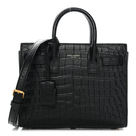 SAINT LAURENT Calfskin Crocodile Embossed Nano Sac De Jour Black