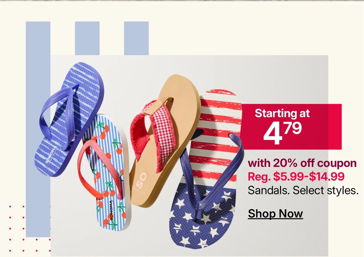 starting at $4.79 sandals with 20% off coupon