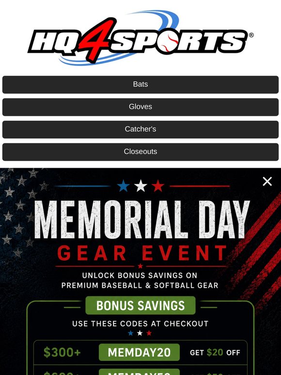 Memorial Day Gear Event | Bonus Savings on Premium Baseball & Softball Gear