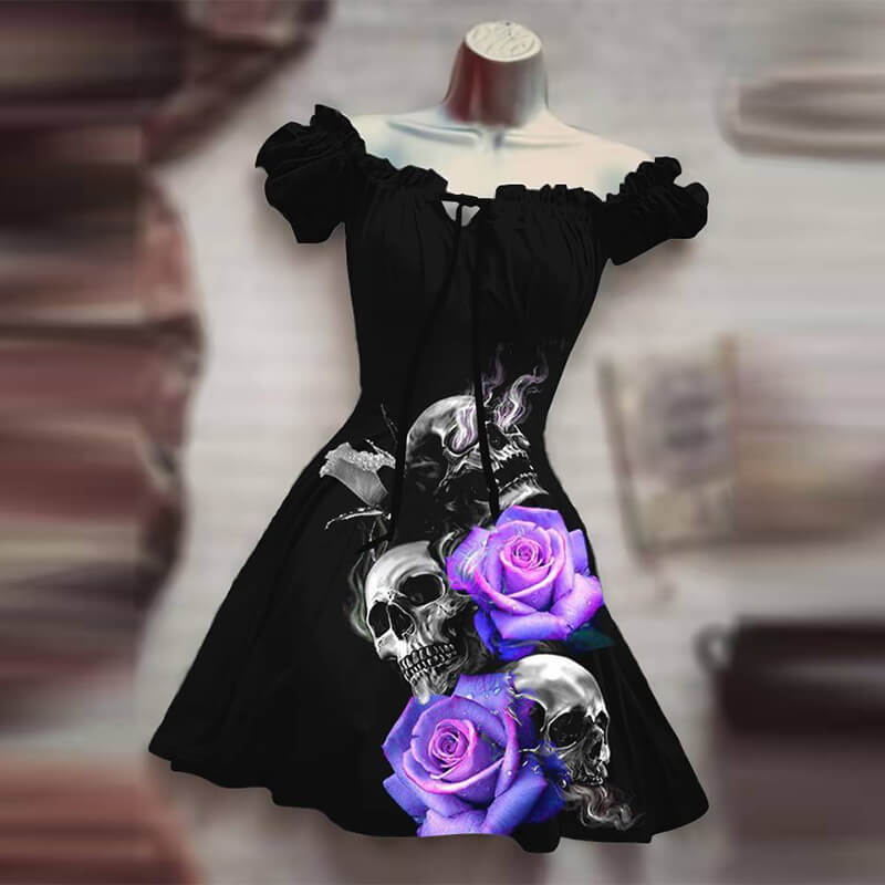 Image of Skull Rose Bat Print Puff Sleeve Mini Dress