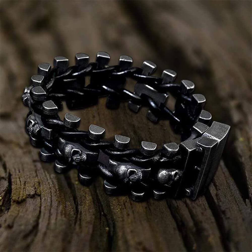 Image of Vintage Woven Leather Stainless Steel Skull Bracelet