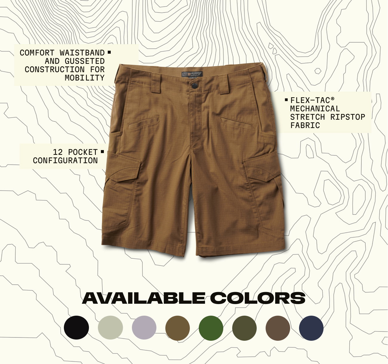 Comfort Waistband and Gusseted Construction For Mobility | Flex-Tac® Mechanical Stretch Ripstop Fabric | 12 Pocket Configuration | 8 Available Colors