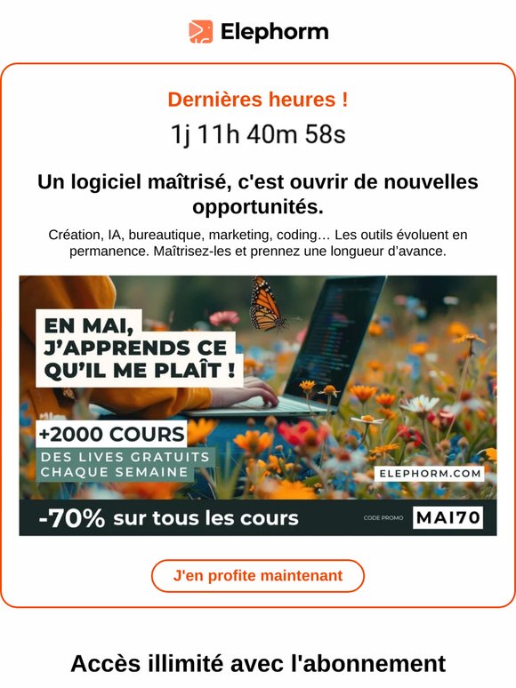 Dernières heures ⌛ -70% sur tous les cours et les abonnements
