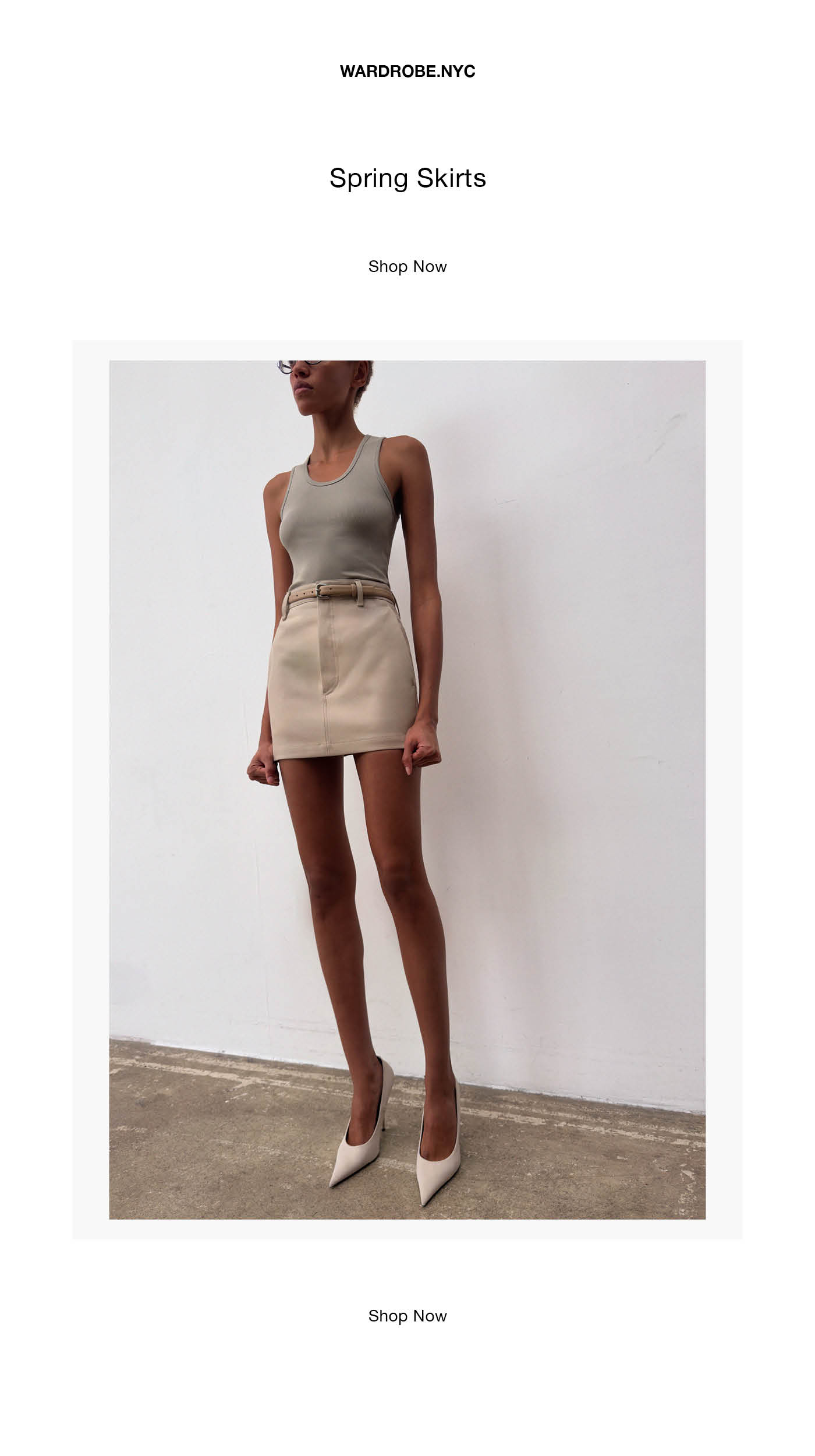 The Drill Mini Skirt in Stone styled with the Ribbed Tank in Taupe and RHW Belt in Safari