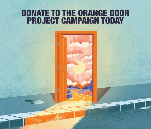 The Home Depot Canada Foundation, The Orange Door Project logo. Teal background with an orange door open, showing a yellow sun against a peachy sky. Below, there are orange mountains, blue plants and a light orange road leading out the door. 