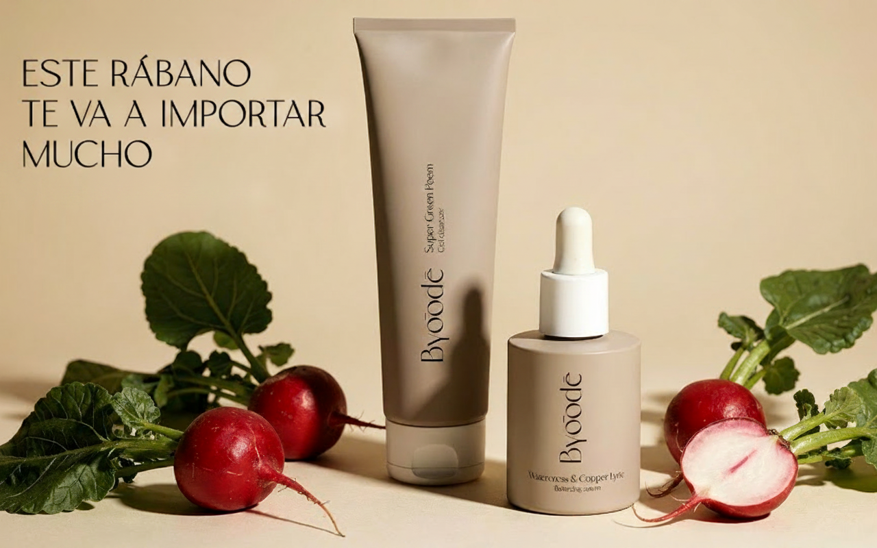 Byoode skincare products with radishes and Spanish text.