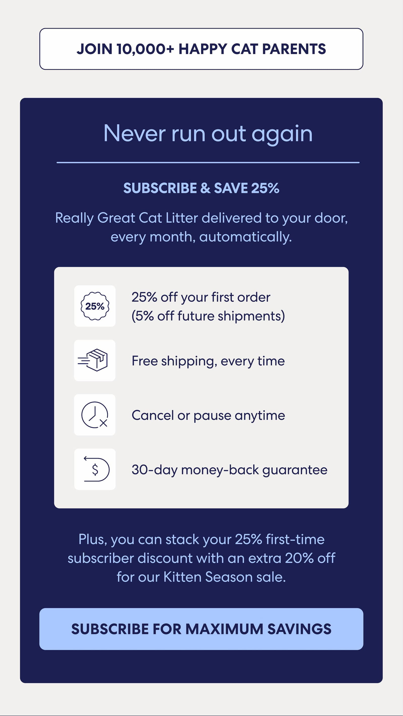 Never run out again subscribe & save 25% plus you can stack your subscriber discount with an extra 20% off for our Kitten Season Sale.
