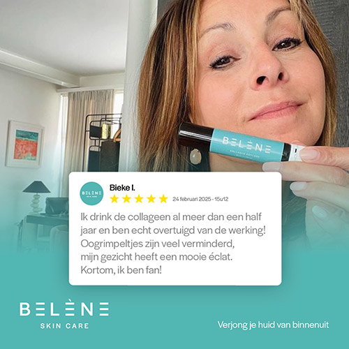 Woman holding Belène skincare collagen serum tube with customer review overlay praising reduced eye wrinkles.