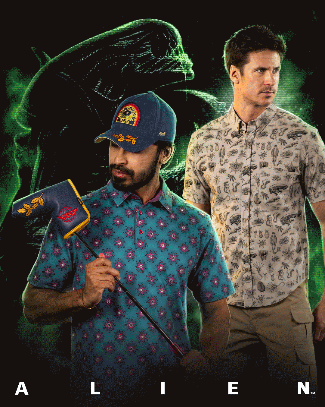Rotation of men wearing shirts and accessories from The Alien BRKFST Collection