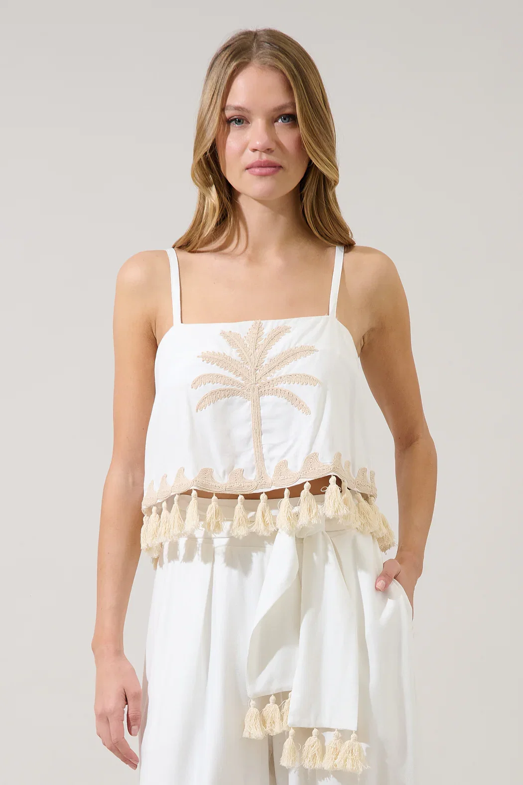Image of Biela Palm Tassel Trim Crop Top