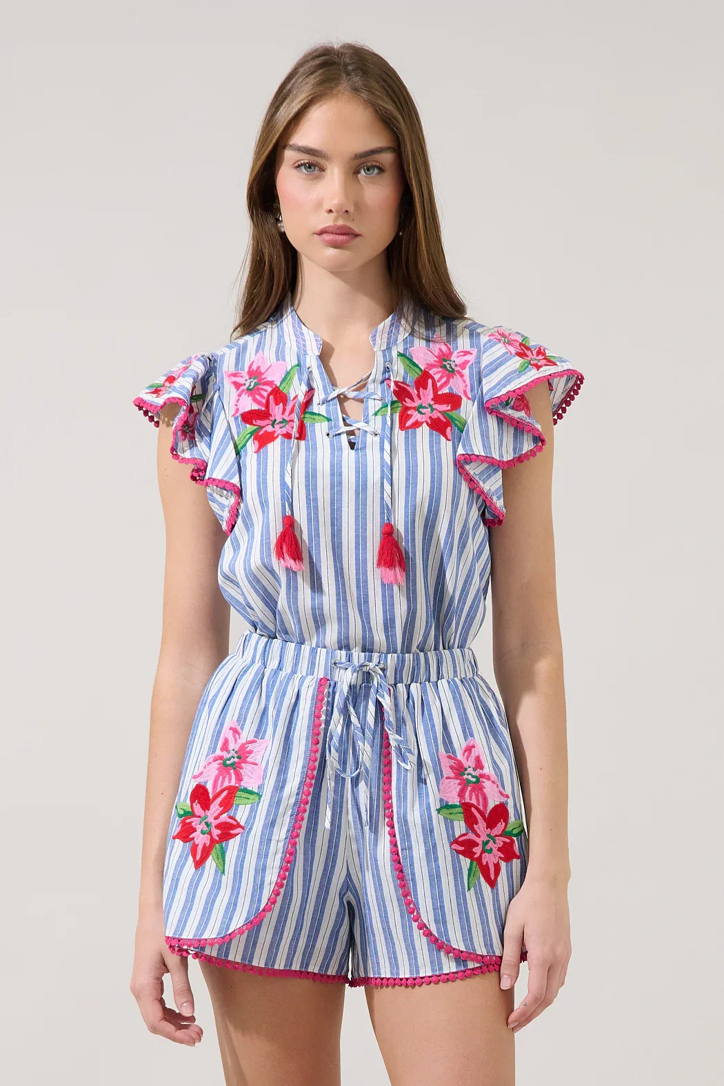 Image of Grisa Striped Tassel Trim Top