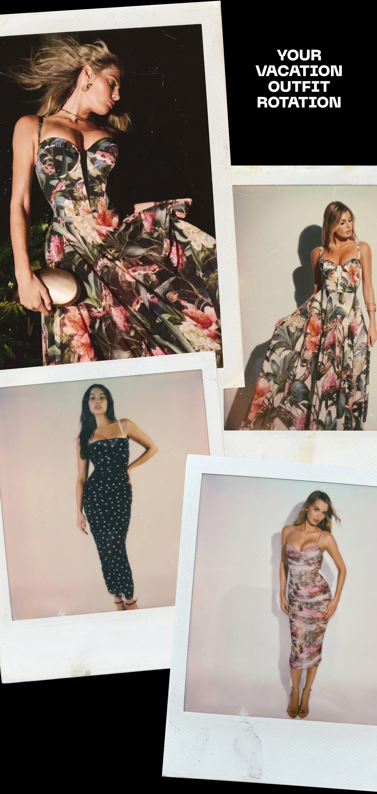 A collage of women modeling floral and polka dot dresses for vacation outfits.