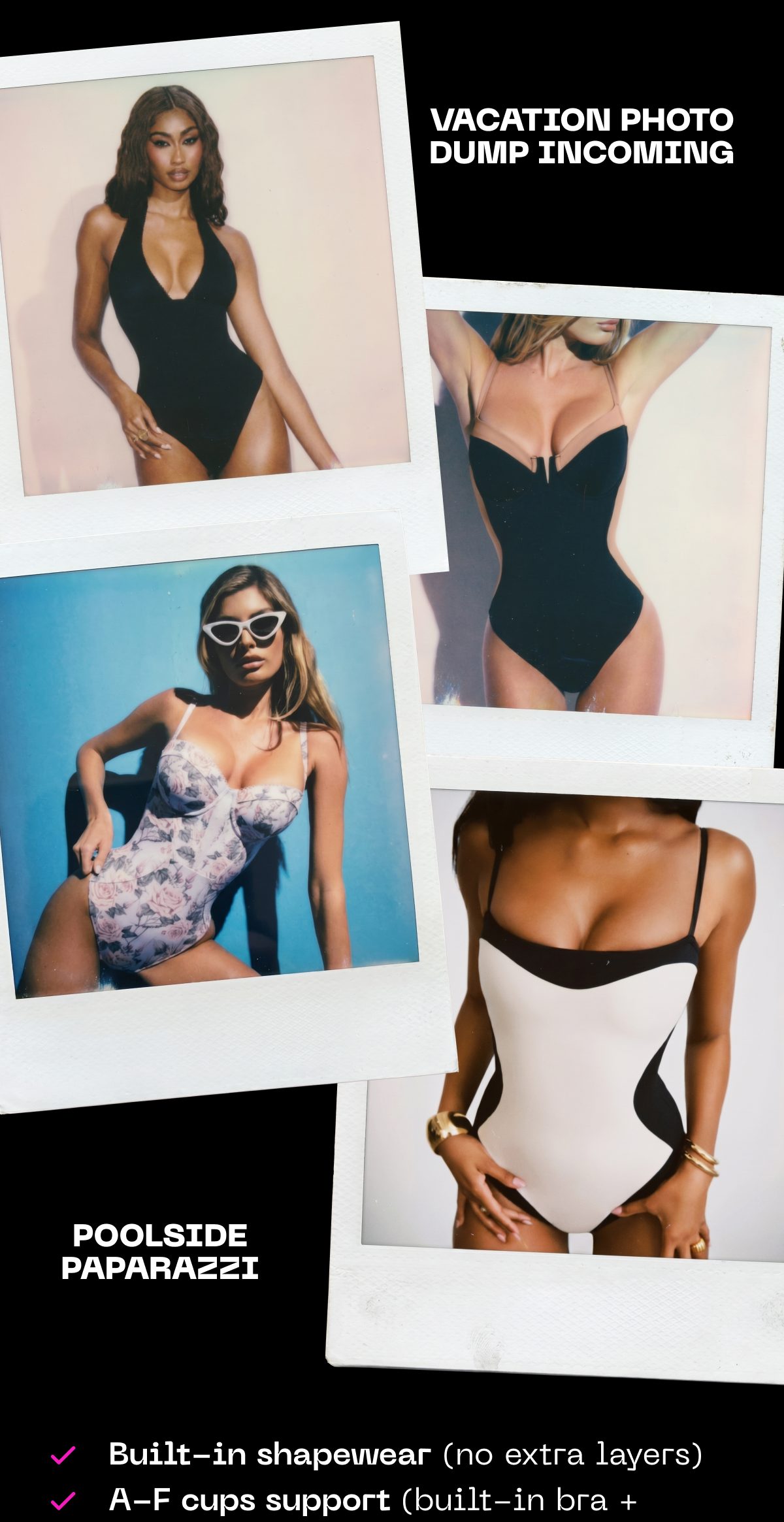 Collage of four vacation photos featuring swimsuits and poolside poses.