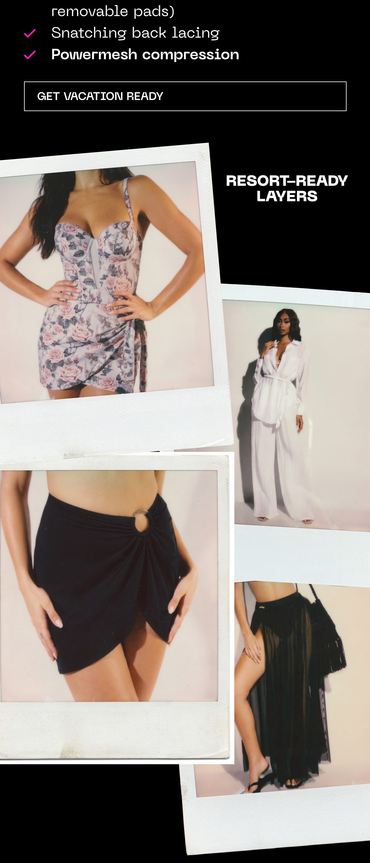 Fashion collage featuring resort-ready layers and a floral dress with removable pads.