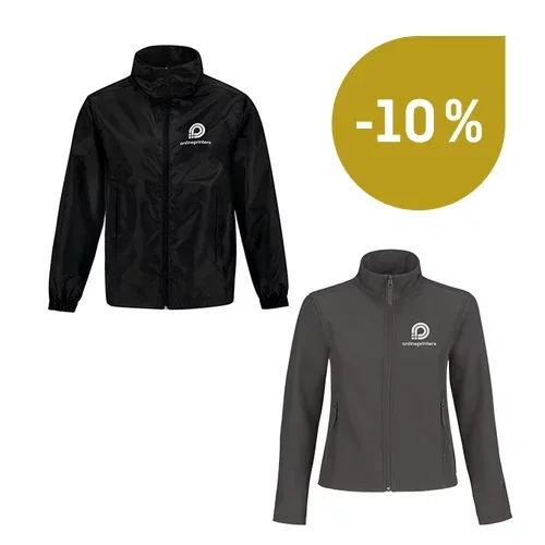 Giacca nera e gilet grigio con cerniera e logo sul petto, accanto al quale è raffigurato un simbolo giallo con la scritta «-10 %»