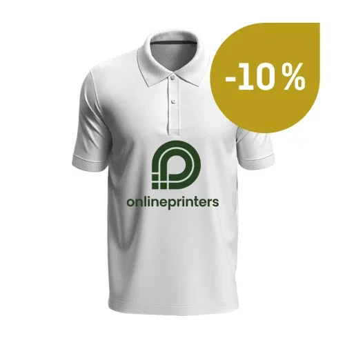 Polo bianca con abbottonatura e logo verde di onlineprinters sul petto, oltre a un cartellino giallo con la scritta «-10 %»