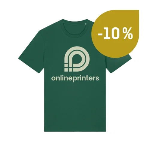 Maglietta con scollo rotondo, con la scritta «onlineprinters», una P stilizzata e un segno di sconto giallo «-10 %»