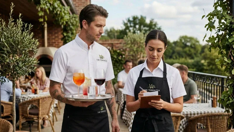 Due camerieri in camicia bianca e grembiule nero servono i clienti nel giardino di un ristorante