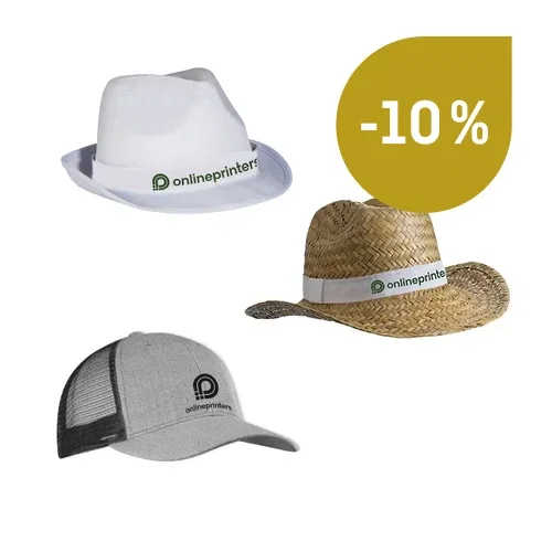 Tre cappelli con il logo di onlineprinters: un fedora bianco, un cappello di paglia con un nastro bianco e un berretto da baseball grigio con la rete nera