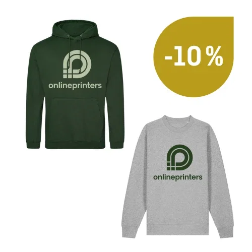 Due felpe con cappuccio e scollo rotondo recano il logo e la scritta «onlineprinters», accanto a un simbolo giallo con la dicitura «-10 %»