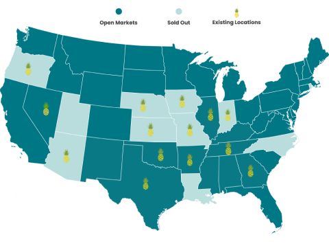 US expansion map showing Hawaiian Bros locations and target markets