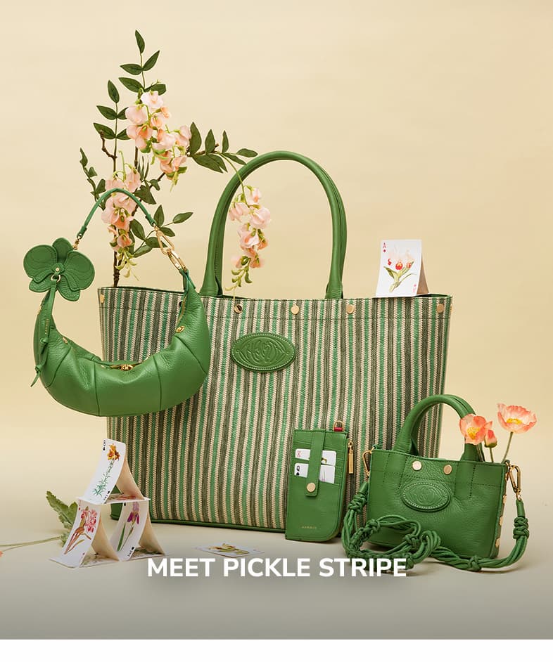 Meet Pickle Stripe.  Four bags shown in gill and pickle stipes gold. Bags shown erica sml, 210 east wallet, Olympia Mini, Olympia tote 
