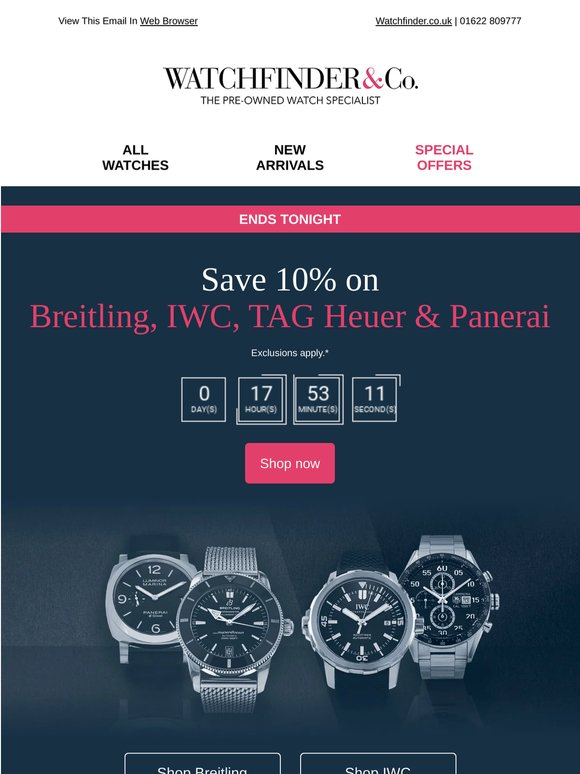 Last chance to save 10% on Breitling, IWC, TAG Heuer & Panerai
