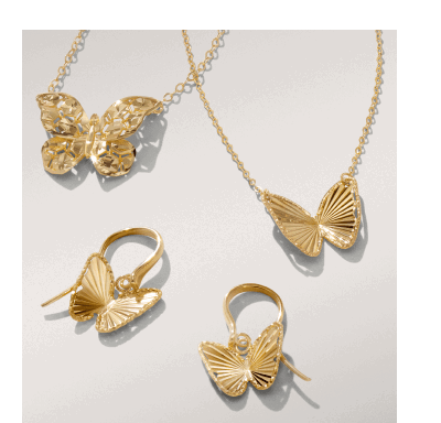 Gold butterfly jewelry featuring a pendant necklace, stud earrings, and openwork butterfly charm design.