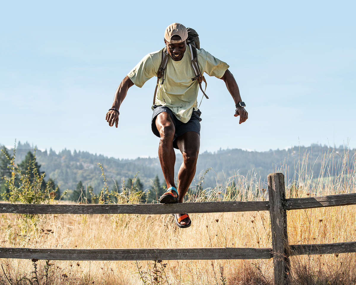 GIF: hiker wearing a back-pack and camping gear, two hikers climbing a hill and carrying backpacks.